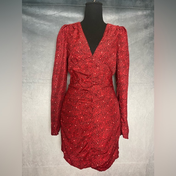 Red animal print Black Lined Cocktail Ruched Long Sleeve Mini Dress - Picture 2 of 8